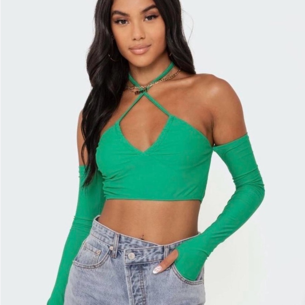 Edikted Green Off-Shoulder Crop Top with Cut Out